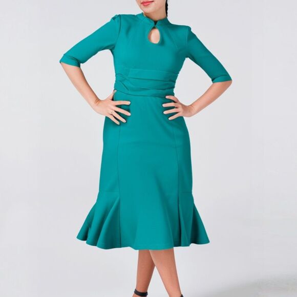 Chic Teal Retro Fit + Flare Midi Dress Keyhole Modest Elegant Comfortable Size L - Picture 1 of 10